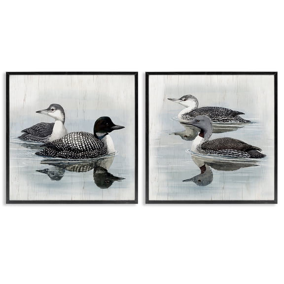 Stupell Industries Four Loons in Lake Animals Painting Black Framed Art Print Wall Art, 12 x 12, Set of 2