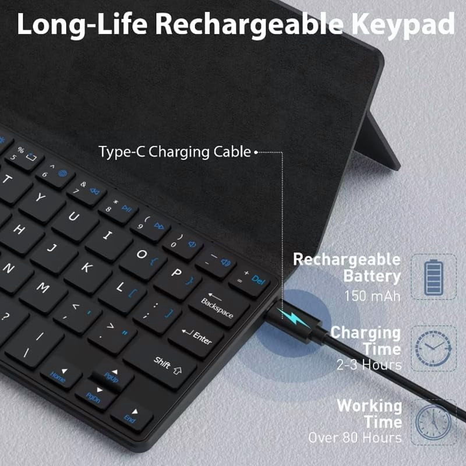 Rechargeable Bluetooth Keyboard for iPad Tablet Phone, Dual-device Mini Keyboard with Kickstand and Leather Cover for Android Windows iOS