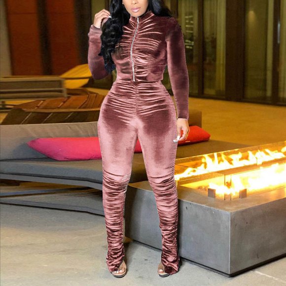 LLYwey Womens Fleece Lined Leggings Sales Clearance Women’S Casual Fashion Solid Color Velvet Fabric Zipper Wrinkle Flared Pants Two-Piece Set New Winter Pants Pinks XL