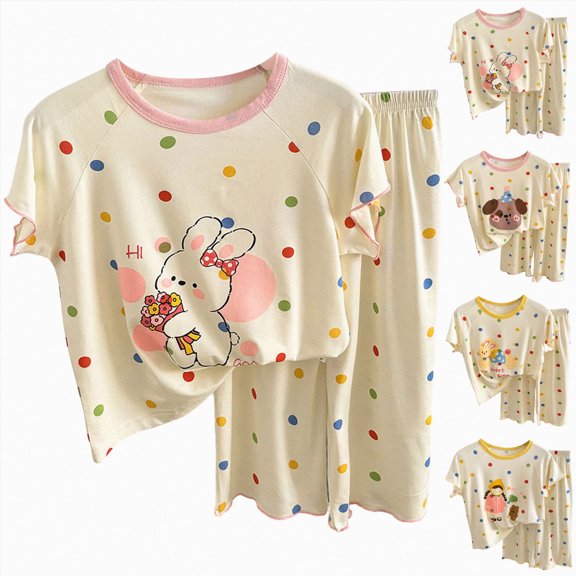 WUANDIXFA Kids Pajamas Girls 1-10Y Girls Pajamas Cotton Soft Breathable Summer Short Cute Jammies,Brown,7-8 Years