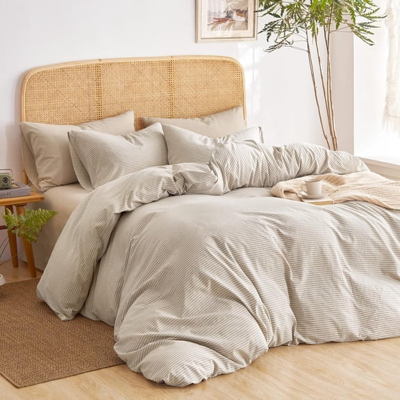 Striped Cotton Duvet Cover Set, 100% Washed Cotton Textured Bedding Set, Ticking Stripe Pinstripe Farmhouse, 3 Pieces, Tan, King Size