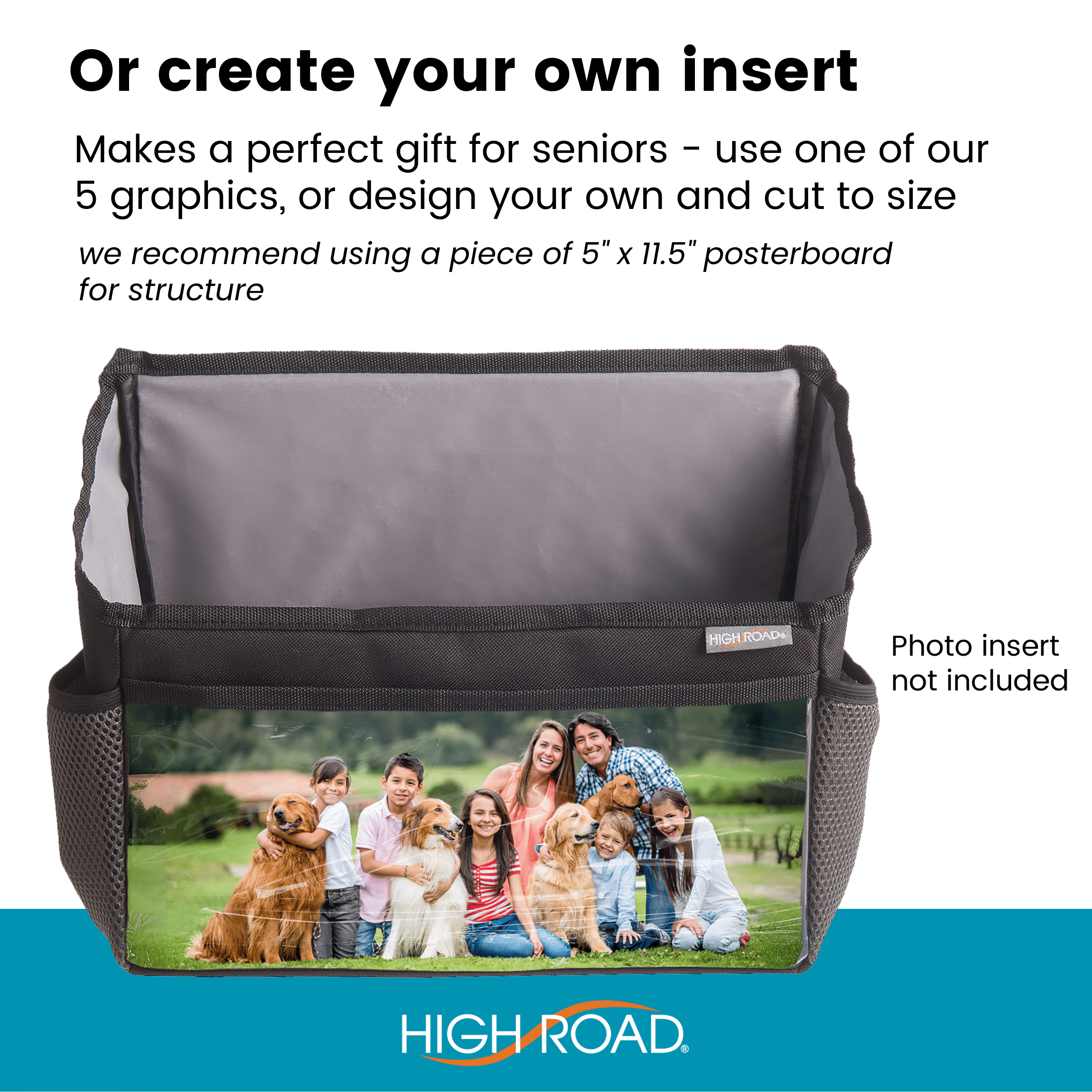 High Road Walker Bag with Clear Front Storage and Photo Pocket - Walker Basket for Folding Walker With Insulating Neoprene Cup Holder, 4 Storage Pockets and 5 Decorative Picture Inserts