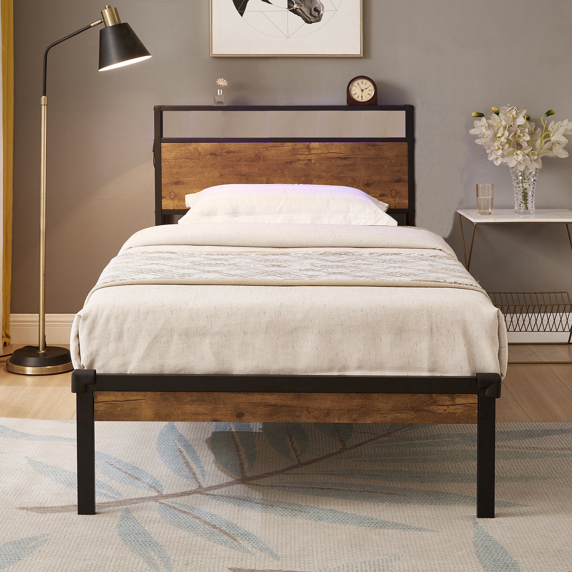 Twin Size Adjustable Bed Base, Twin Size Metal Platform Bed Frame with Wooden Headboard and Footboard with USB LINER, No Box Spring Needed, Under Bed Storage, Easy Assemble, Black+Brown Bed Frames