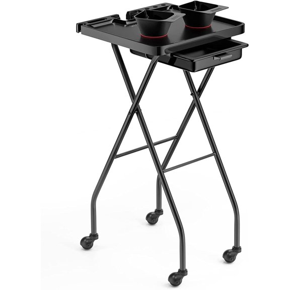 Salon Tray on Wheels Foldable, Tattoo Color Trays for Hairstylist Esthetician Barber, Dental Medical Rolling Tray Cart, Hair Trolley Mobile Organizer with Storage Drawer