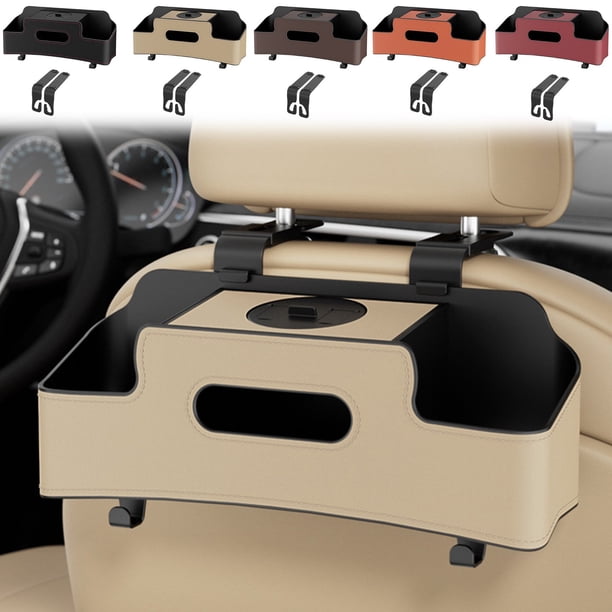 Organizador de respaldo para asiento de coche con soporte para caja de pañuelos y portavasos - Bolsa multifuncional para snacks, teléfonos y artículos esenciales, plástico beige ABS, 33,3x9,5x12cm