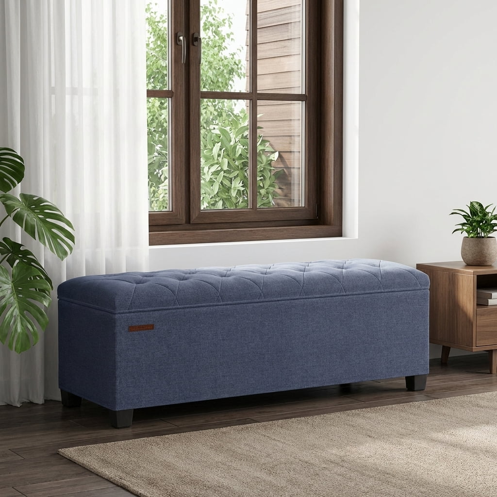 LEDREM Storage Ottoman Bench, 43" End of Bed Bench with Removable Cover, 660lb Capacity, for Living Room, Bedroom, Light Denim Blue