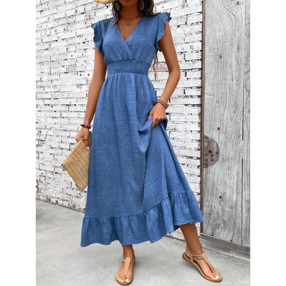 Blue Casual Wrap Waist-Cinched Women Maxi Dress With Ruffle Sleeves And Hem