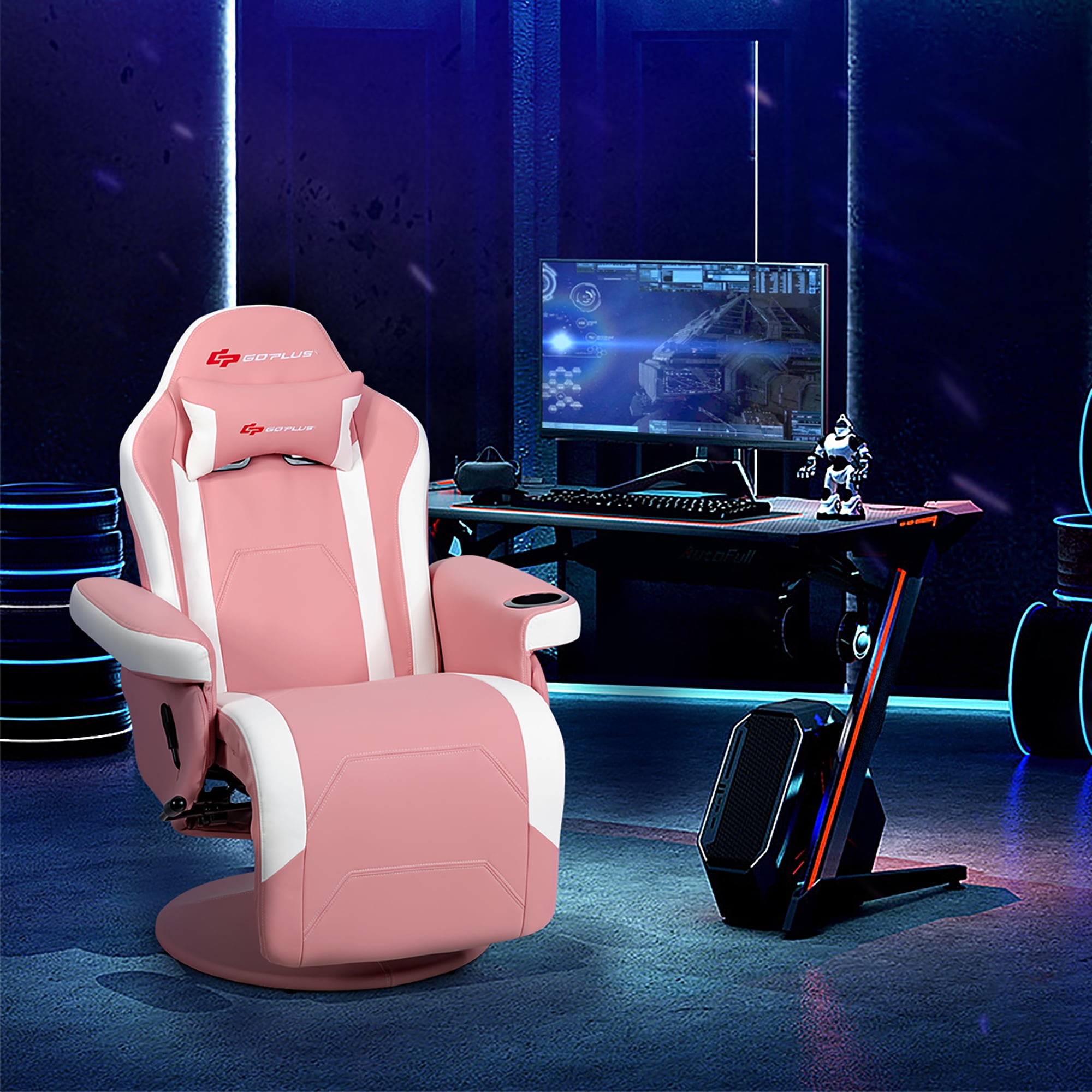 Goplus Massage Gaming Recliner Reclining Racing Chair Swivel w/Cup Holder & Pillow Pink