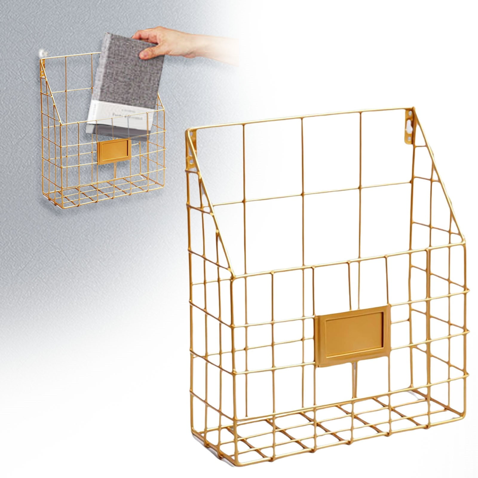 Simple Houseware Grid Single Pocket Wall Mount File Holder with Tag Slots, Hanging Wall File Organizer Metal Mesh Wall Mounted File Holder for Magazines/Files Fits Home & Office Use(Gold,9.8x4x11.9")