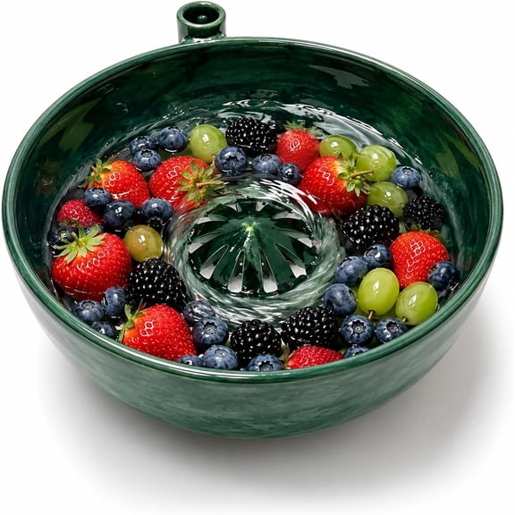 Ceramic Berry Washing Bowl with Water Vortex Design, Self Spinning Fruit Washer & Colander, Forest Green Glazed Berry Cleaner Bowl for Grapes, Blueberries, Strawberries & Small Produce (Green)