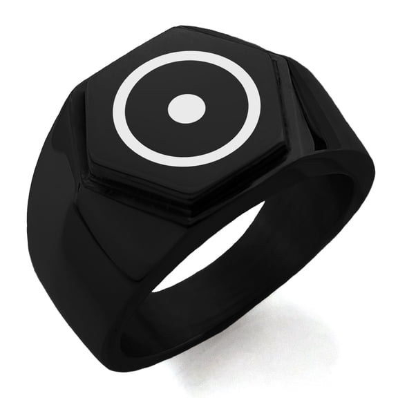 Stainless Steel Solar System Planetary Sun Engraved Hexagon Crest Flat Top Biker Style Polished Ring