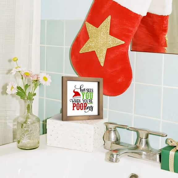flangairy He Sees You When You're Pooping Sign, Wooden Funny Christmas Bathroom Decor, Red Santa Hat Holiday Decorative Signage Table Toilet Shelf Wall Art Restroom Rustic Farmhouse Home Decorations