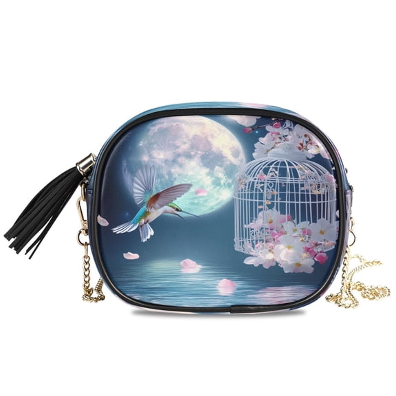 Womens Casual Chain Shoulder Bag Simple style Hummingbird Cage Flowers Moonlit Scene Crossbody Bag