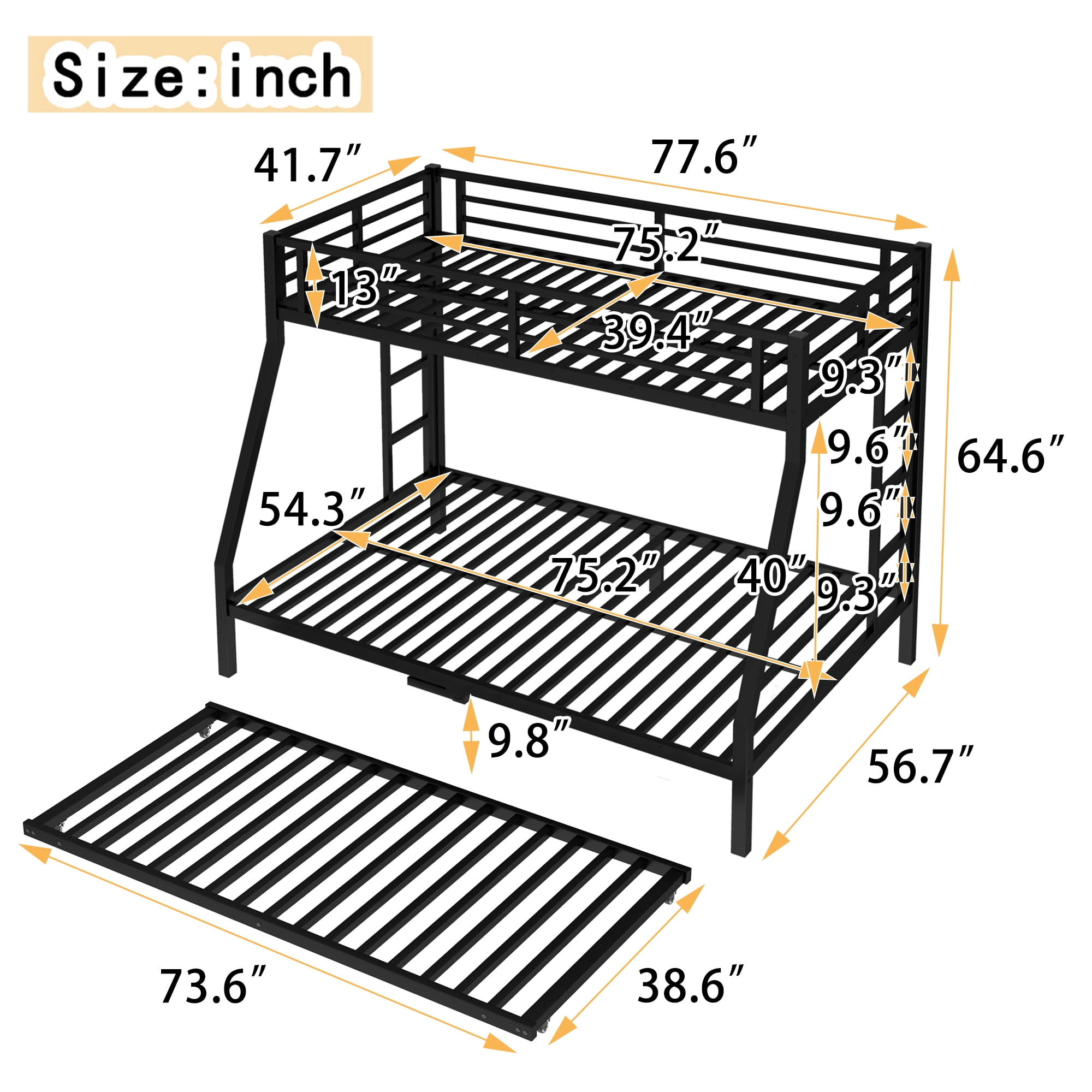 Leumius Metal Bunk Bed with Trundle,Twin over Full Bunk Bed with with Ladder & Guardrails,Heavy-Duty Bunk Bed Frame for Kids/Teens/Adults,Space-Saving/Noise Reduced/No Box Spring Needed,Black