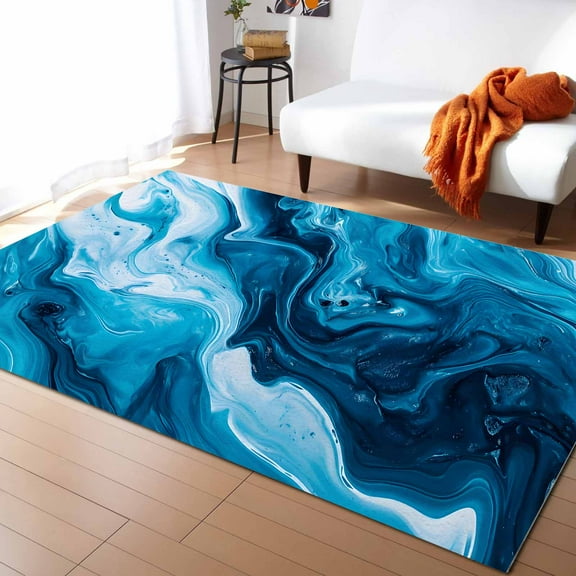 Area Rugs Indoor Non-Slip Rectangle Rug 5x7 Ft Blue Ocean Waves Rug Rubber Backing Floor Mats Non Shedding Home Decor Carpet for Entryway Living Room