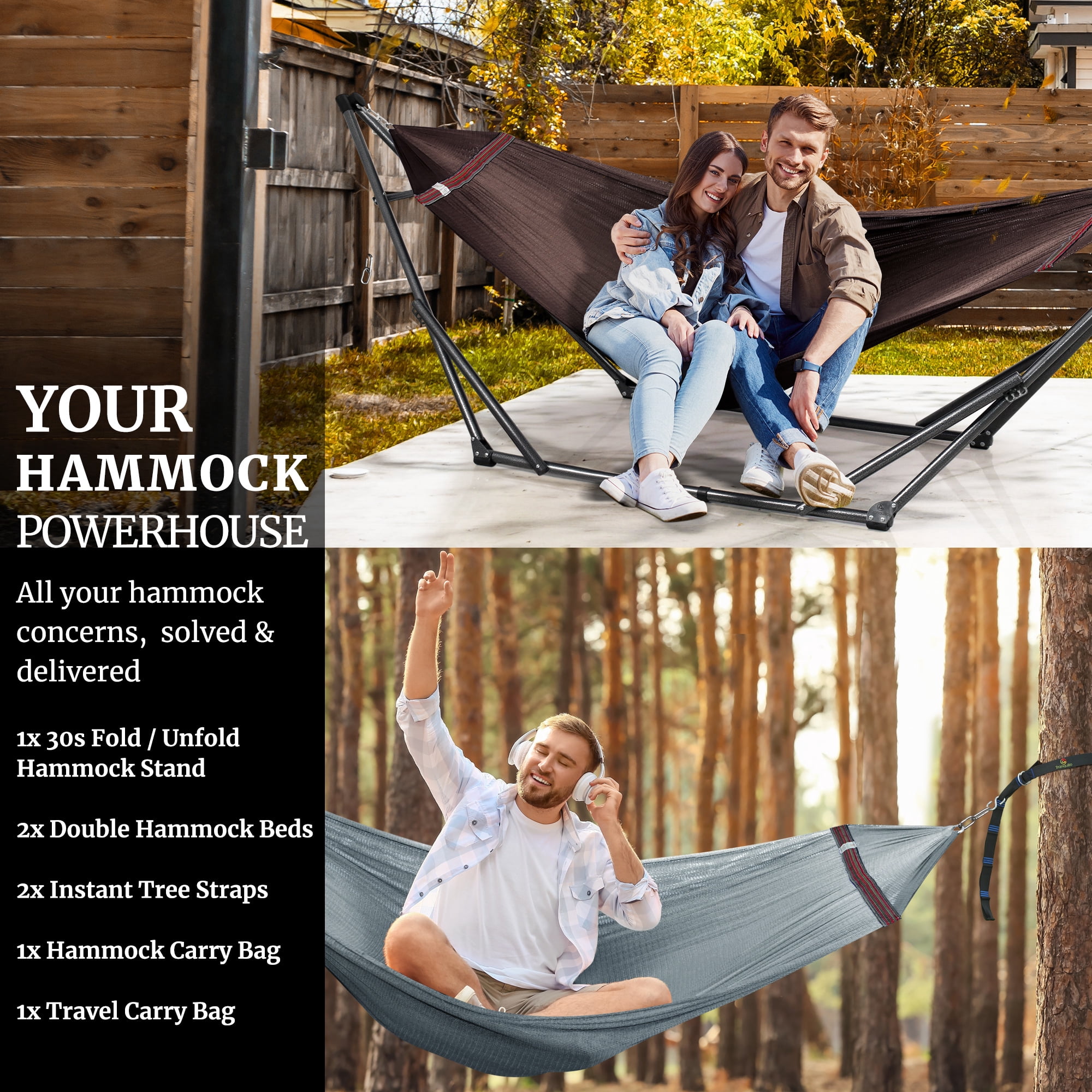 Tranquillo 600lb Capacity 2 Persons 2 Hammocks Included/Foldable Portable Hammocks with Stand, Tree Straps, Carry Bags for Garden Camping, Brown