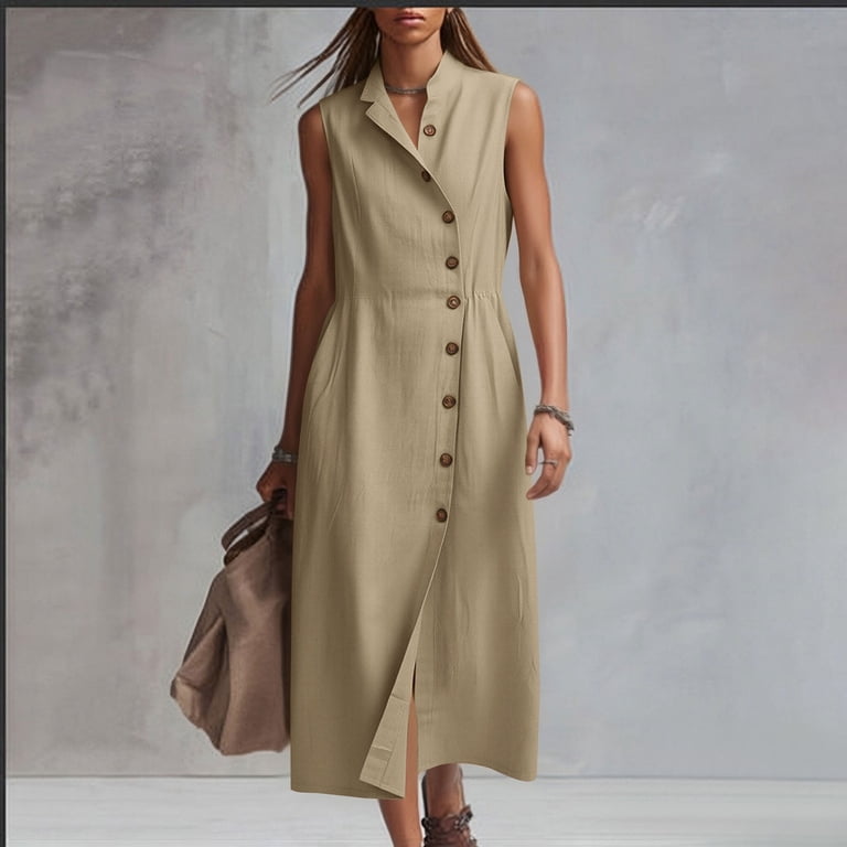 ClodeEU Women's Sleeveless Collared Linen Blend Midi Shirt Dress,Button Front Wrap Dress with Pockets Wine,Women's Plus L