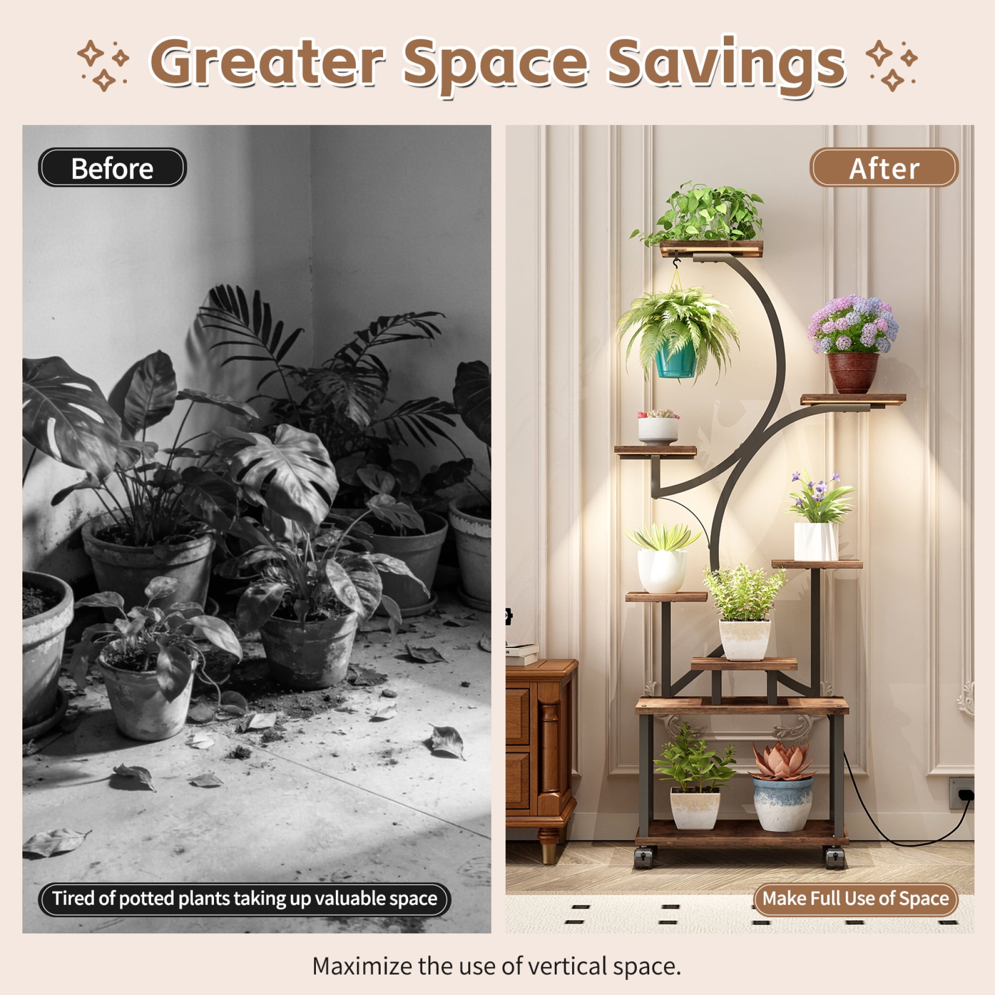 Leumius Plant Stand with Grow Lights, 62" Tall Plant Shelf, Lighted Corner Plant Stands for Indoor Growing, 8 Tiered Large Flower Holder, S-Shaped Decorative Rack for Living Room Home Patio Brown