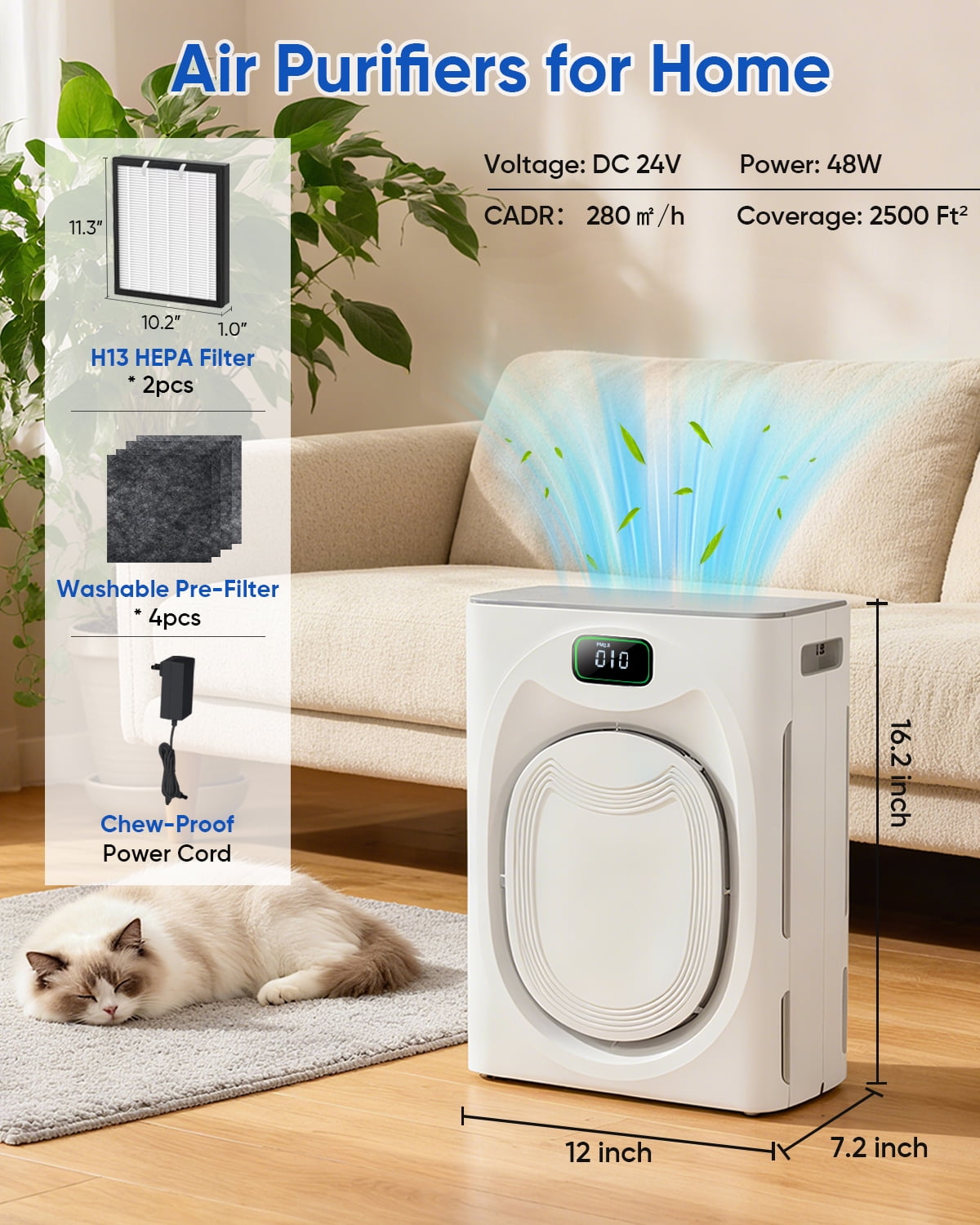 KEN BROWN Pet Air Purifiers for Home - 2500 ft² Large Coverage for Pet Families H13 HEPA Washable Filters, Smart WiFi-Perfect Christmas Gift for Pet Owners