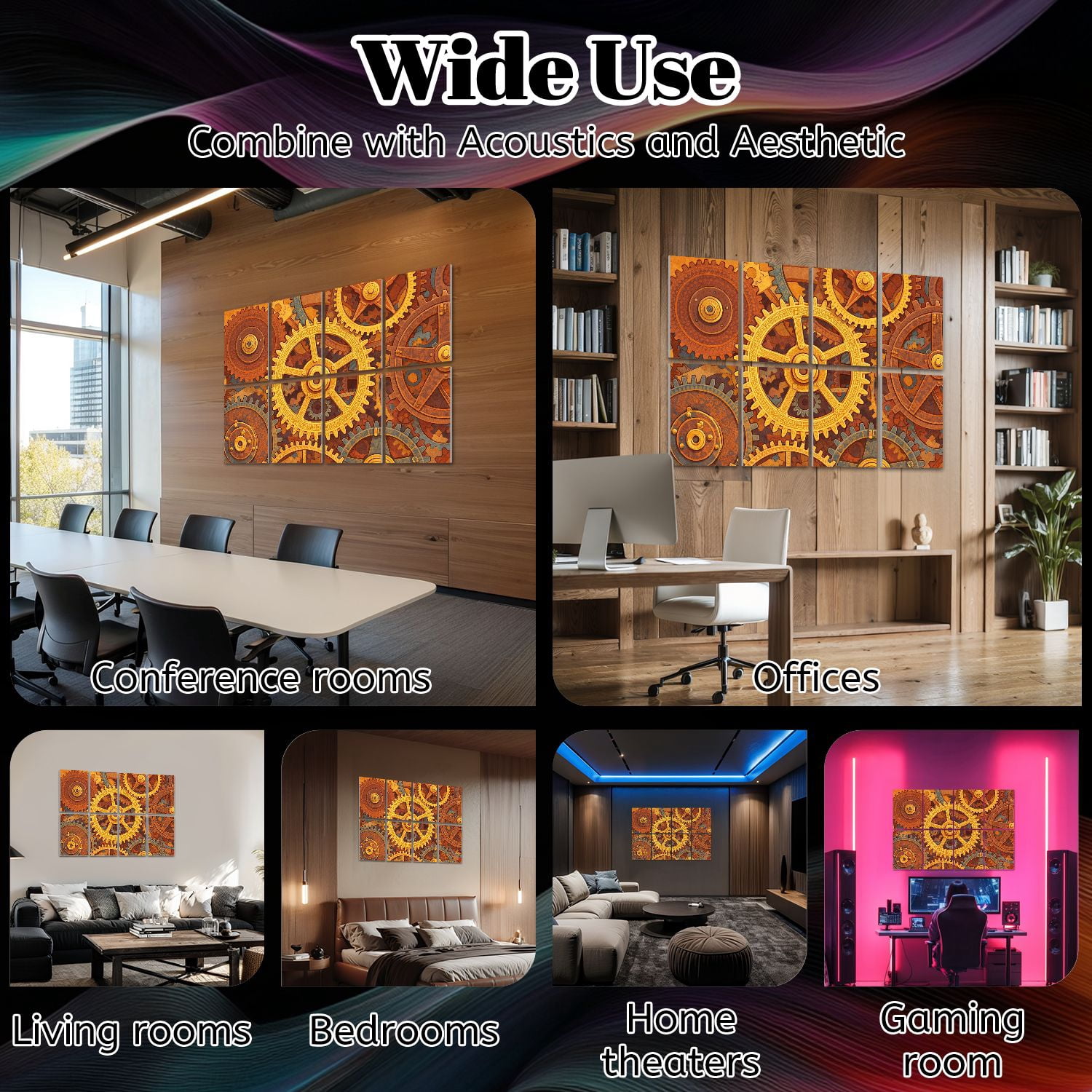 8 Pack Art Acoustic Panels Sound Absorbing Steampunk golden Decorative Soundproof Wall Panels Self Adhesive for Nursery Game Room Bedroom 48"x32"