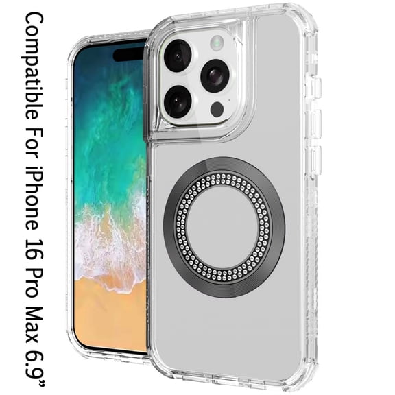 For Apple iPhone 16 Pro Max (6.9") Magnetic Ring Circle Bling Chrome 3in1 Hybrid [Compatible with Magsafe] Transparent Shockproof Cover ,Xpm Phone Case [ Clear ]