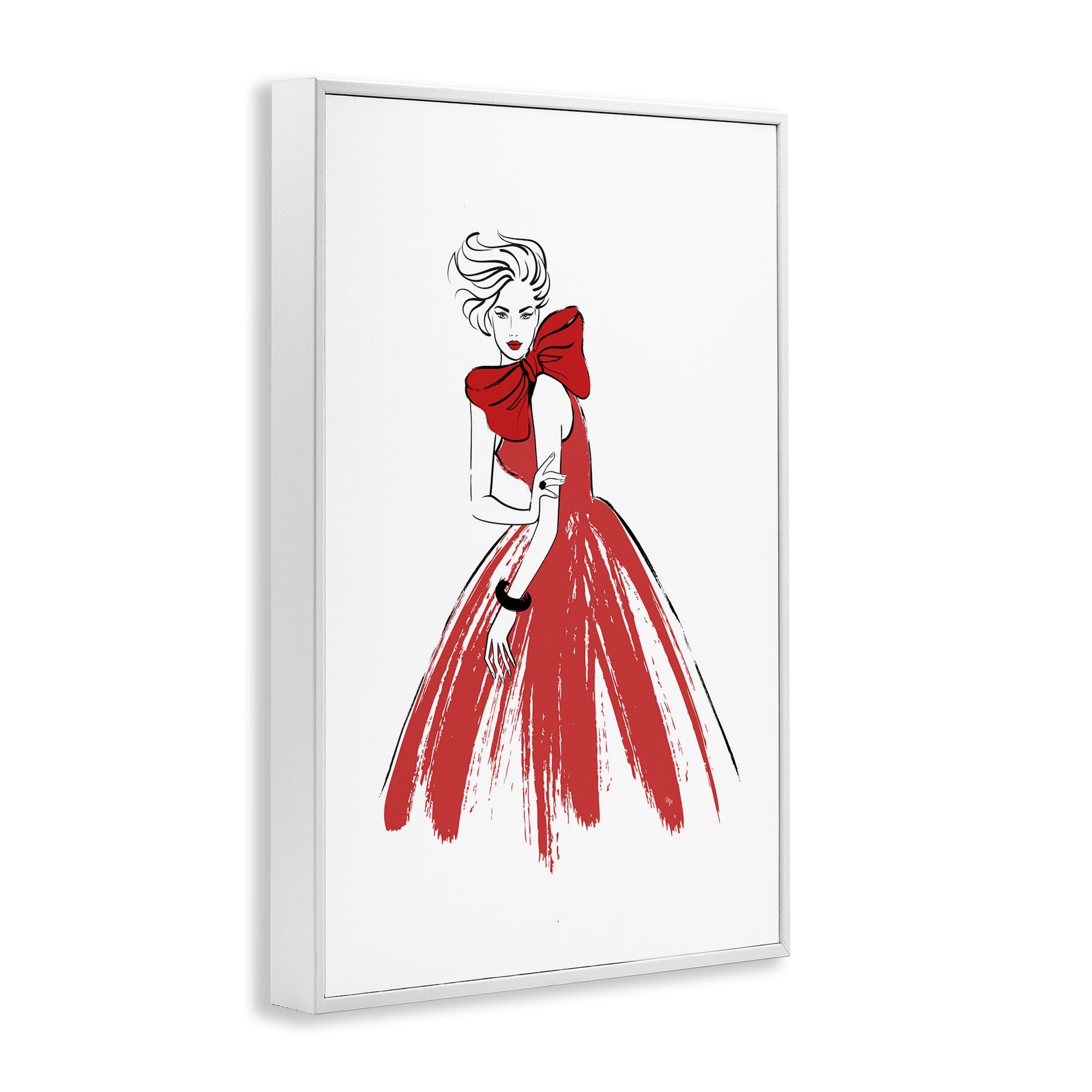 Stupell Industries Lady & Red Bow Dress Novelty Painting White Framed Art Print Wall Art, 20 x 30