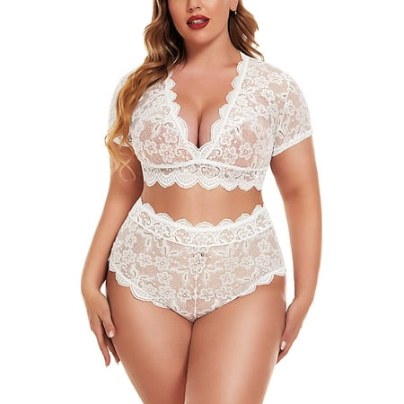 

Best Plus Size Lingerie Plus Floral Lace Scallop Trim Lingerie Set Deep V Allover Lace Bra Panties Set Clubwear