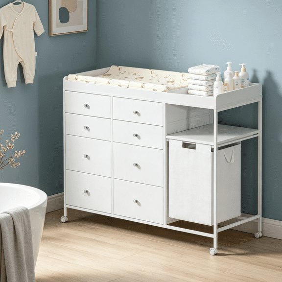 NEBZHASK 8-Drawer Changing Table,Infant Diaper Changing Station with Drawers,with Open Shelf & Laundry Hamper,Baby Changing Table Dresser for Nursery, Easy Assembly (White)