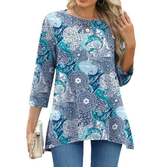 Fantaslook Plus Size Women Tunic Tops 3/4 Sleeve Dressy Casual Blouses Loose Flowy Floral Shirts
