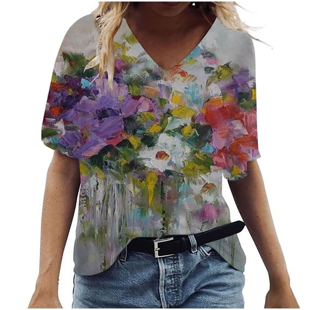 Birdeem T-Shirt à Col en V pour Femmes, Mode Décontractée, Grande Taille, Imprimé de Fleurs Pittoresques