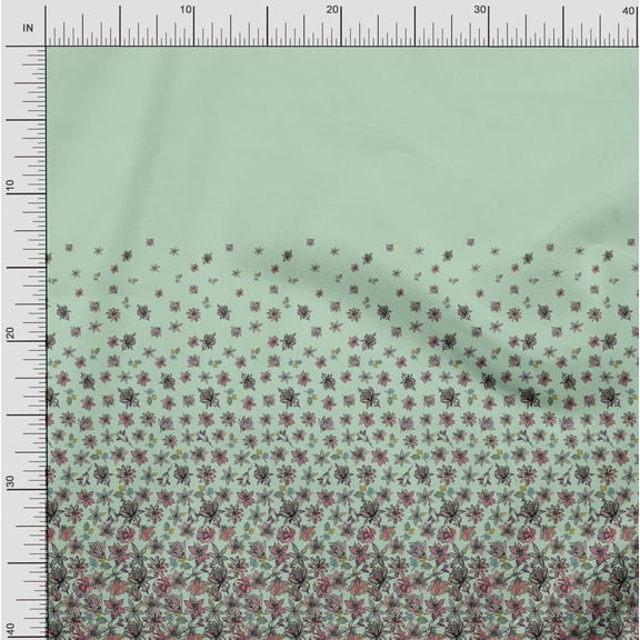 Soimoi Green Poly Georgette Fabric Leaves & Artistic Pink Floral Panel Print Sewing Fabric BTY 52 Inch Wide