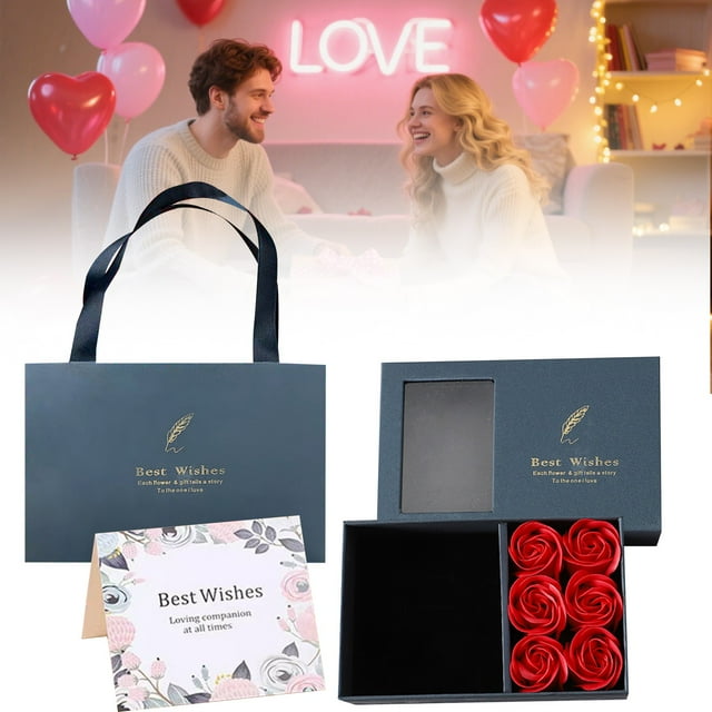 Hot Selling Now!Valentine'S Day Gift Box with 6 Roses, Feather Design Blue, Rose Ring Jewelry Box for Eternal Rose Necklaces Bracelets, includes tote Bag & Card