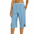 thumbnail image 4 of Bermuda Shorts for Women Linen Capri Pants Knee Length Drawstring Cropped Pants Summer Beach Vacation Long Shorts Sky Blue S, 4 of 6