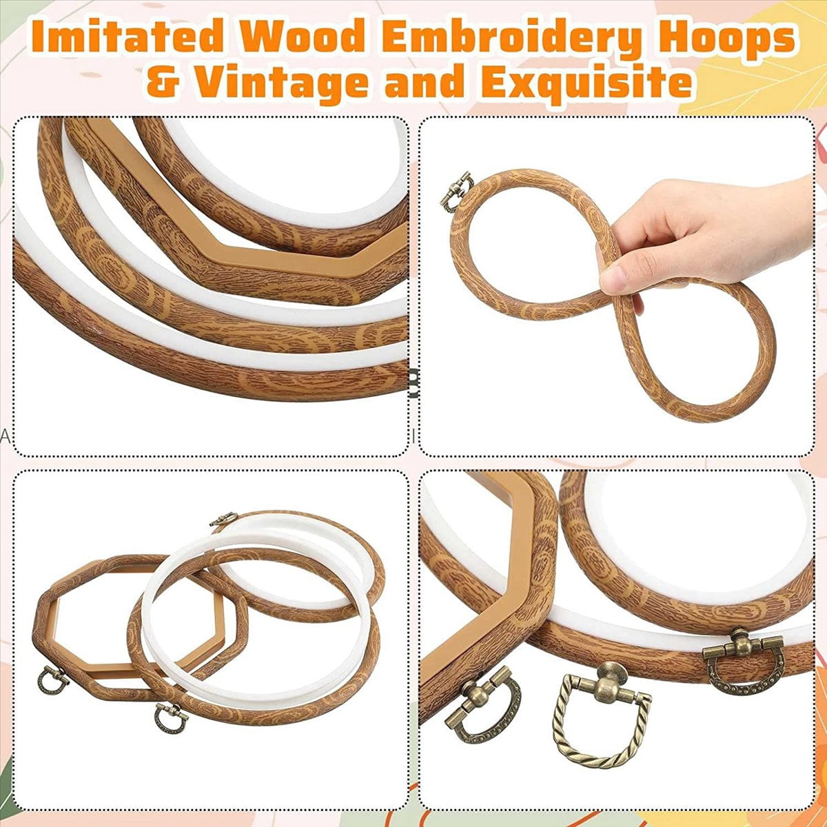 9Pcs Embroidery Hoops Imitated Wood Display Frame Circle Oval Octagonal for Art Craft Sewing and Hangi