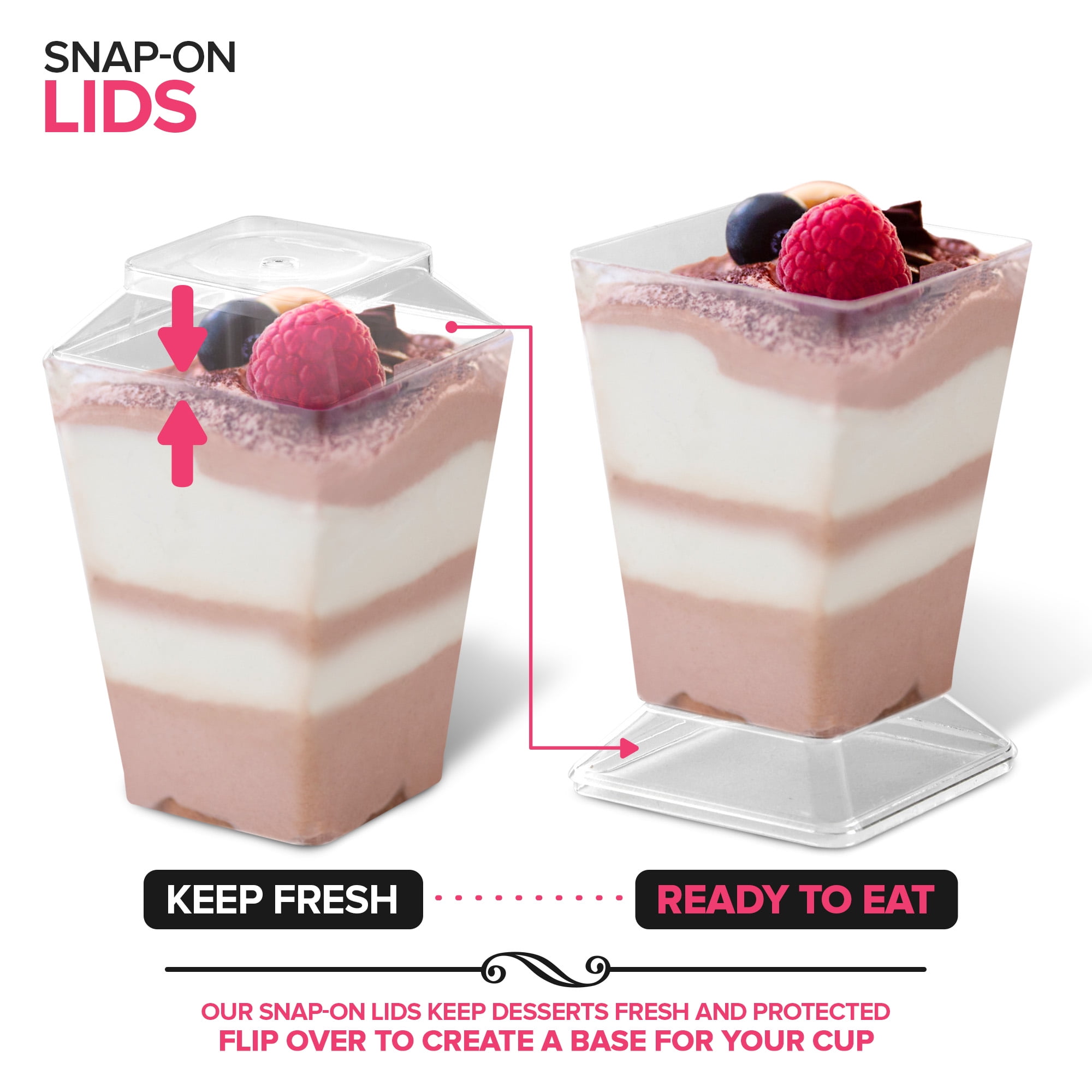 100 Pack 5 oz Elegant Mini Clear Plastic Dessert Cups with Lids and Spoons Square Parfait Cup w/Lid for Small Individual Desserts, Pudding Shooters, Appetizers, Trifle Shooter