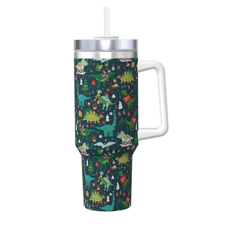 

Daiia Christmas Dinosaur colorful Printed 40 oz Tumbler with Handle Ice Bully Insulated Tumbler 2 in 1 Lid Insulated Water Bottle Stainless Steel Travel Coffee Mug
