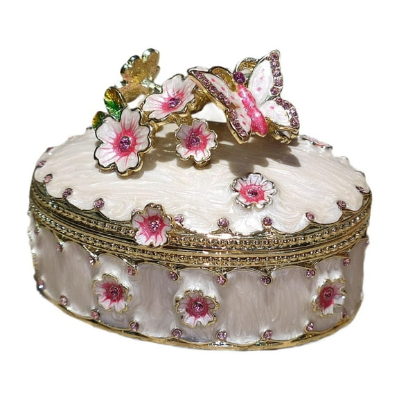 freneci Cherry Blossoms Jewelry Box Enamel Trinket Box Collectible Jewelry Organizer White