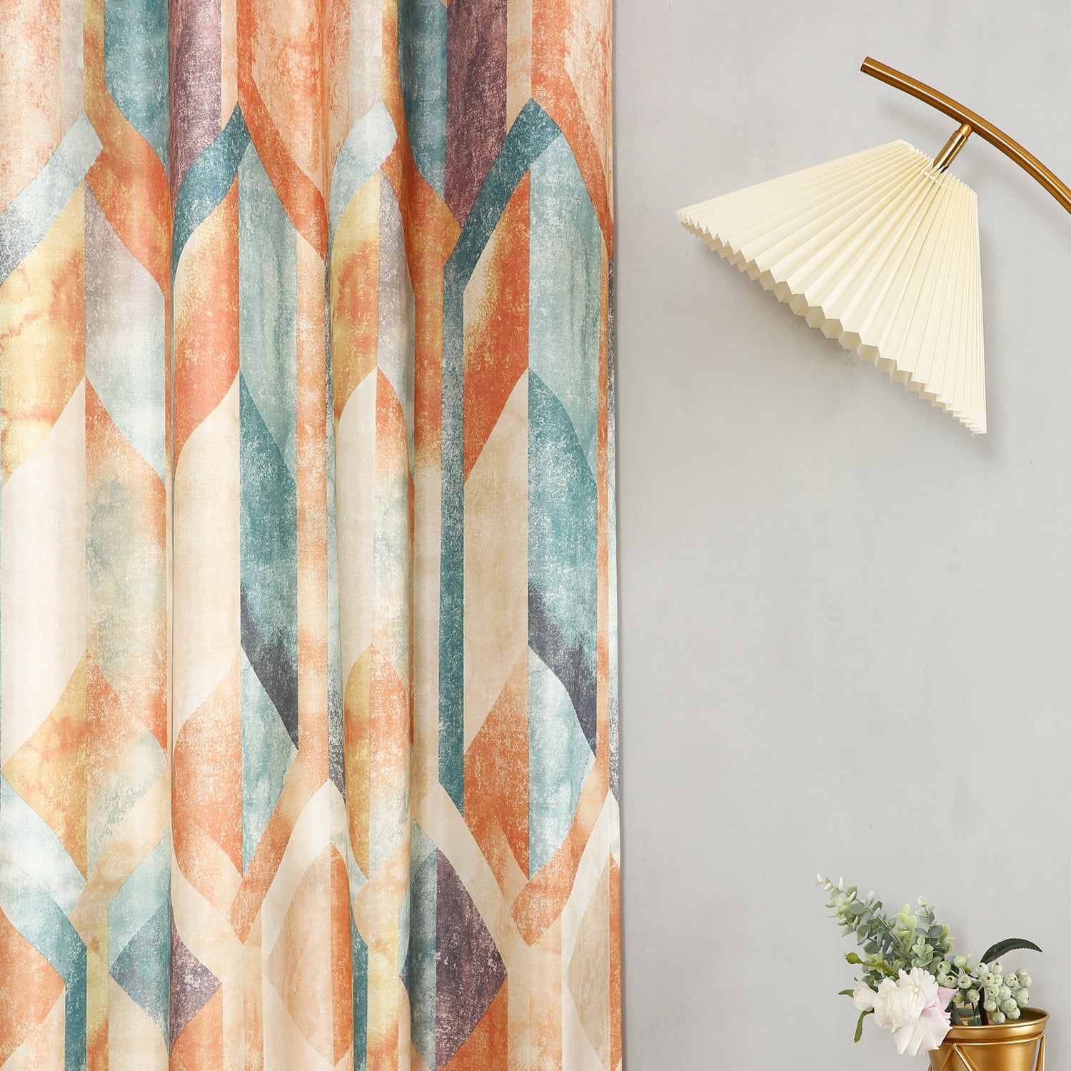 VOGOL Room Darkening Protect Privacy Drapes, Geometric Drapes for Bookroom Sliding Door, 2 Panels Linen Grommet Curtains, Orange