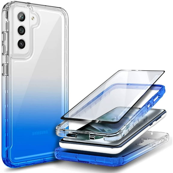 Nagebee Case for Samsung Galaxy S21 FE 5G with Tempered Glass Screen Protector (Full Coverage), Full-Body Protective Shockproof Rugged Gradiant Bumper Cover, Impact Resist Durable Case (Blue)