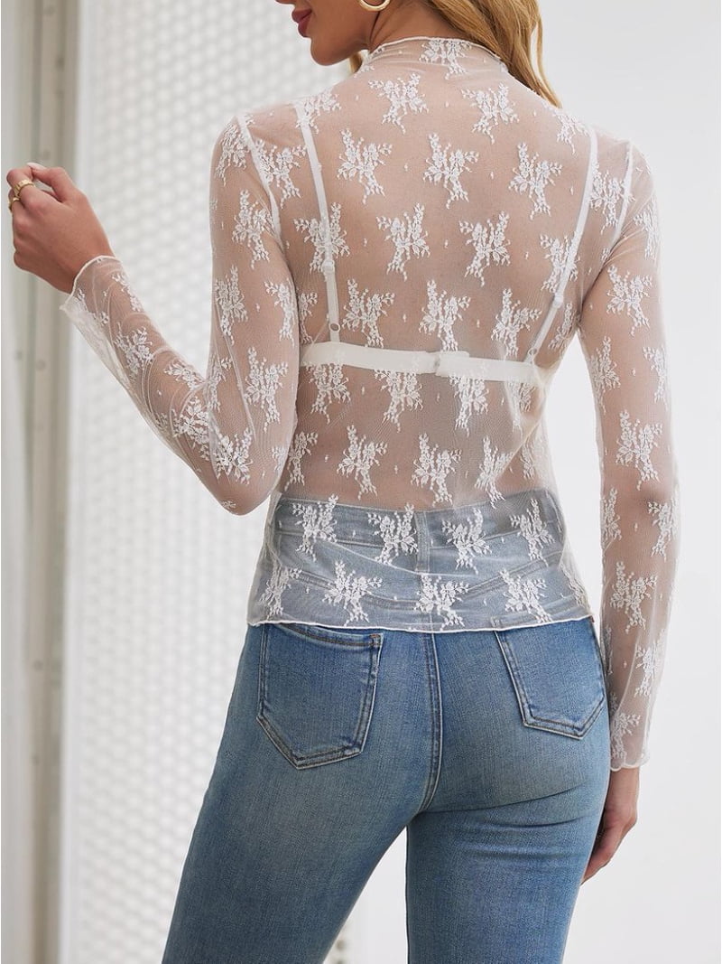 Siliteelon, Womens Lace Mesh Top, Floral Pattern, Sheer See