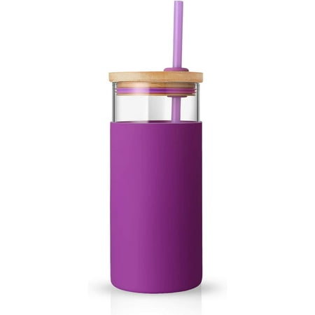

20oz Glass Tumbler Glass Water Bottle Straw Silicone Protective Sleeve Bamboo Lid - BPA Free (Violet)