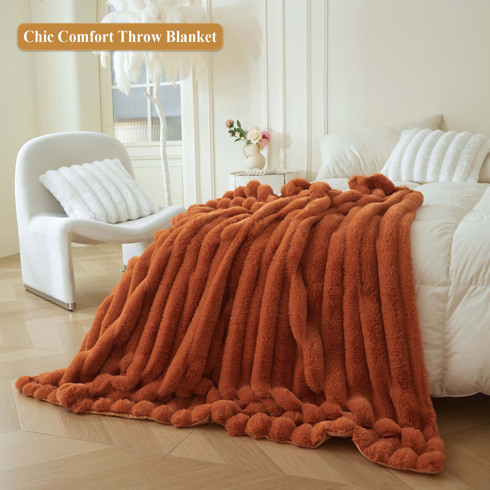 XeGe Fluffy Faux Rabbit Fur Throw, Luxury Stripe Plush Fuzzy Blanket for Bed Couch Sofa Chair, Decorative Shaggy Throw Bedroom Living Room, Furry Blanket Kids Girls Teens Adults, 50x60, Burnt Orange
