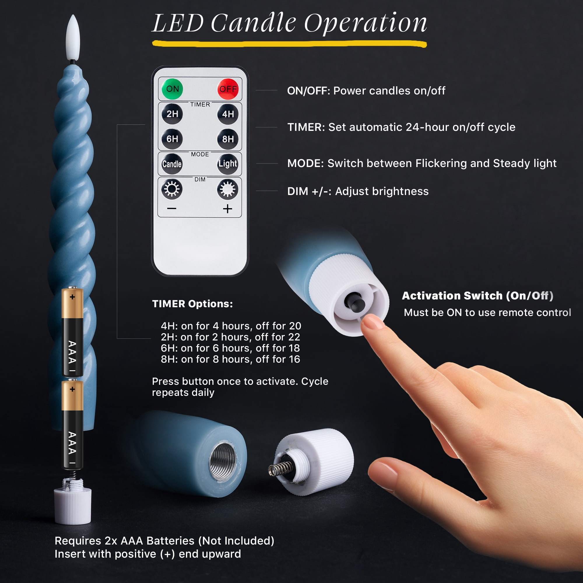 WYZworks 10" Flameless LED Taper Candles – Full Twisted Spiral – Dusty Blue, Set of 6 – Remote, 2/4/6/8-Hr Timer (24-hr Memory), Bottom On/Off Button, Dimmable, Battery Operated, Flicker/Steady