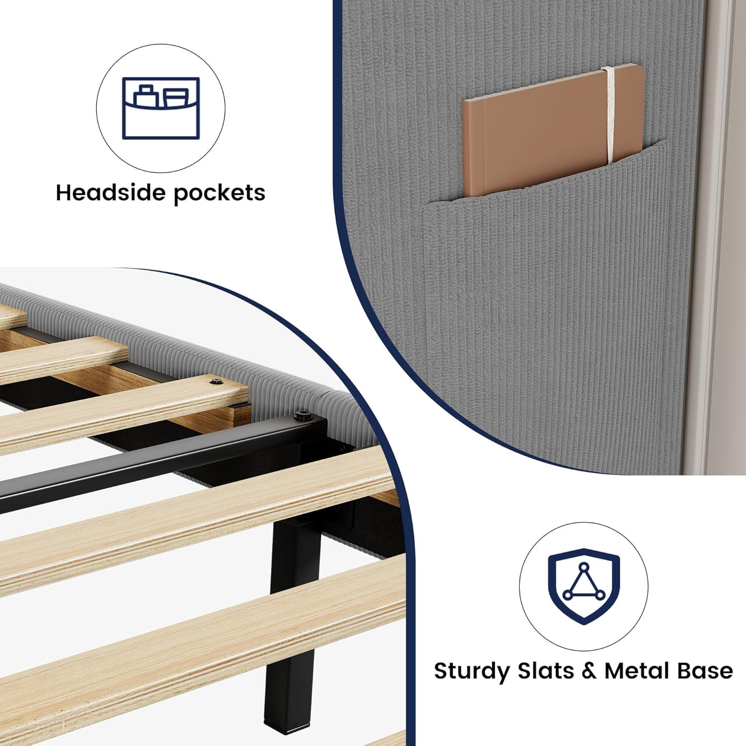 Senfot Full Size Bed Frame,Upholstered Platform Bed with Wingback Headboard,Velvet Upholstered Bed Frame with 2 Storage Pockets,Strong Wooden Slat Support,Box Spring Optional,Easy Assembly,Light Gray