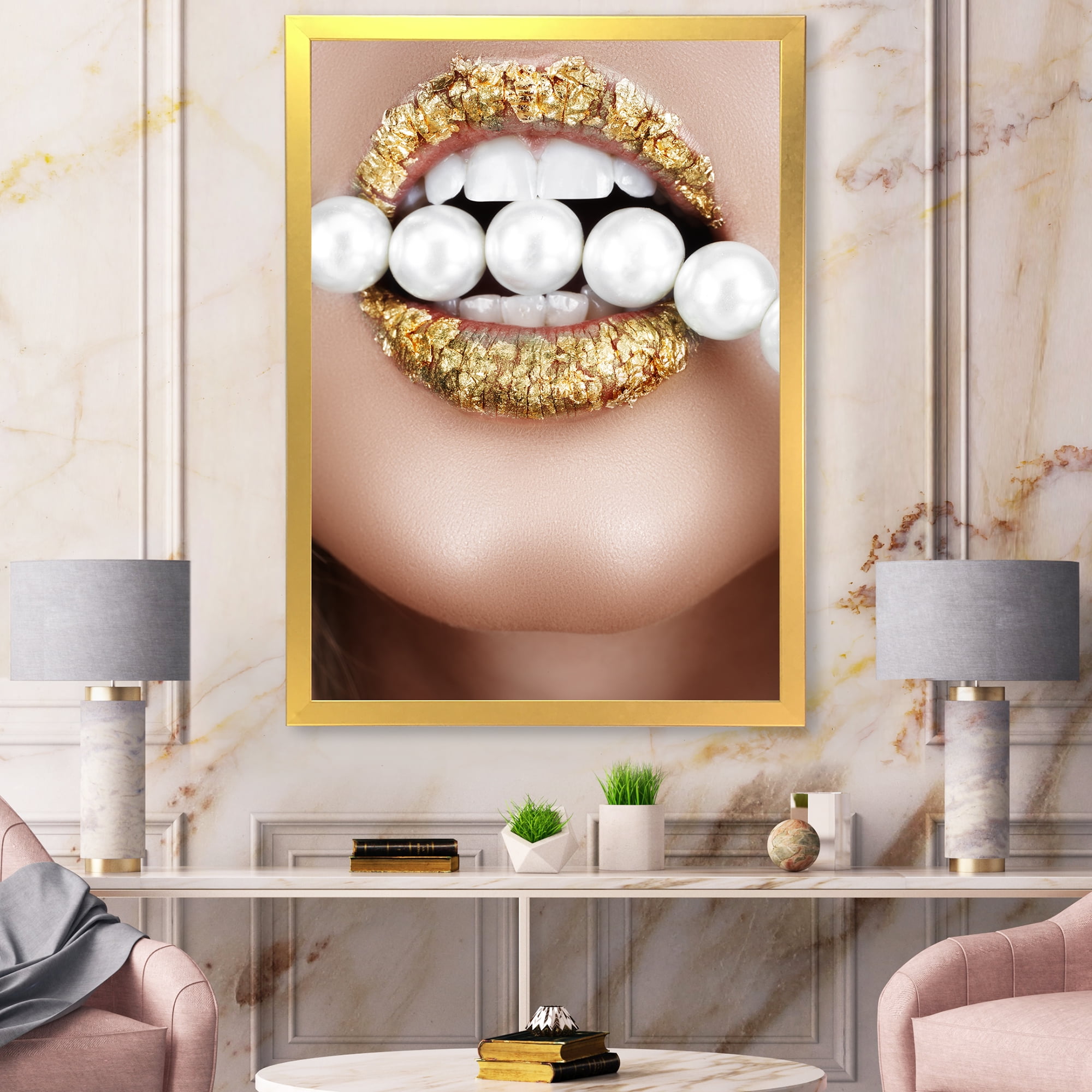 Designart 'Gold Leaf Lips Mouth With Pearls' Modern Framed Art Print