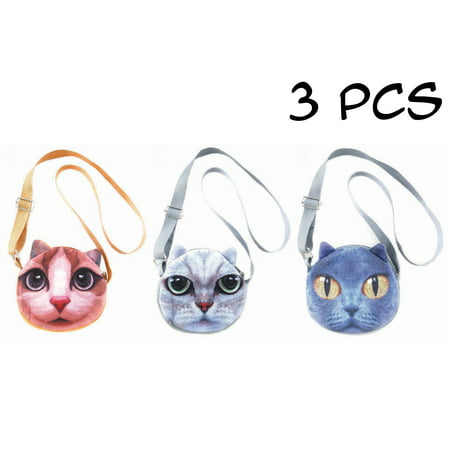 3 PCS Cute Animal Face Crossbody Shoulder Bags Set for Girls, Teens, Tween and Women - Photorealistic Vivid 3D Printed Faces - Zipper Closure - Adjustable - Great gifts and Party Favors-Cats-4