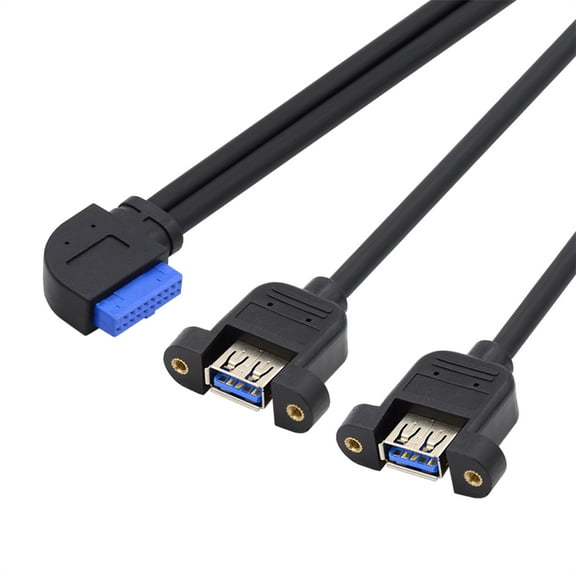 FVH Left Angled 19/20Pin Header to USB 3.0 Dual Ports Female Screw Mount Type Cable 90 Degree 5Gbps