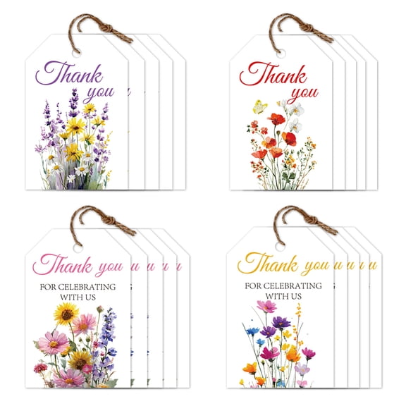 80Pcs Floral Thank You Tags with String 4 Style White Paper Thanks Hanging Labels Name Tags 2×3 Inch DIY