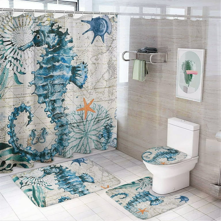 4PCS Blue Sea Bathroom Sets with Shower Curtain and Rugs and Accessories,  Hippocampus Shower Curtain Sets with 12 Hooks 