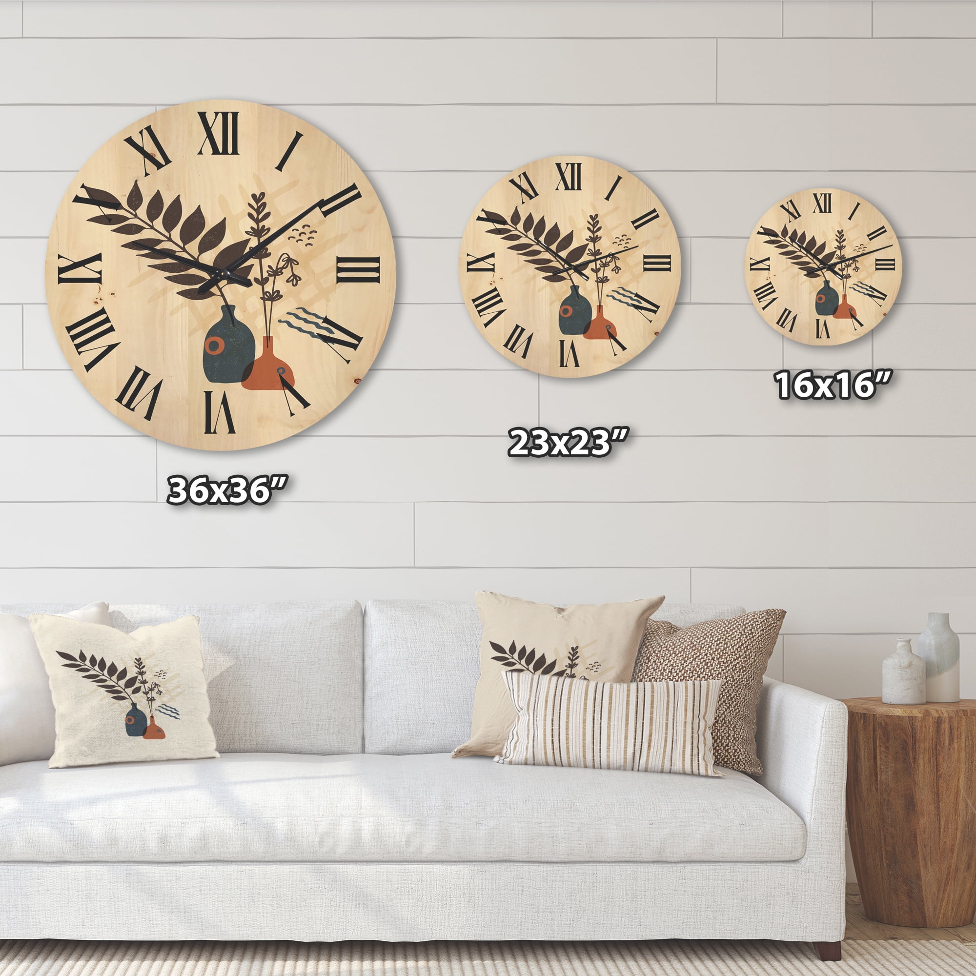 Designart 'Ancient Boho Art Minimalistic Flowers I' Modern Wood Wall Clock
